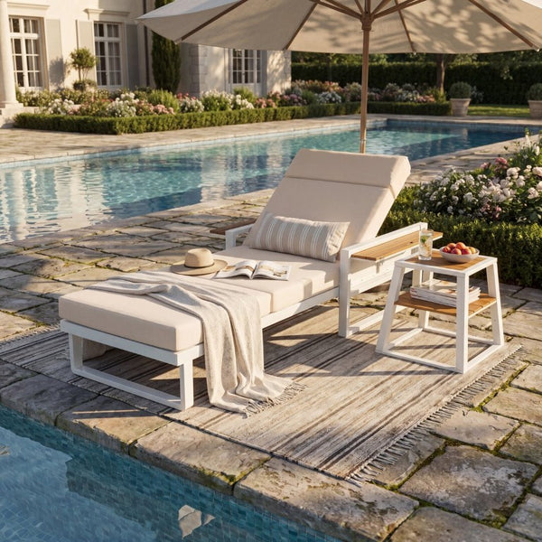 English Elm White Iron Teak Accent Outdoor Chaise Lounge with Cushion Poolside Patio Resort Style Cream 4-Fold with Built-In Headrest N770P452186W_N770P285267C