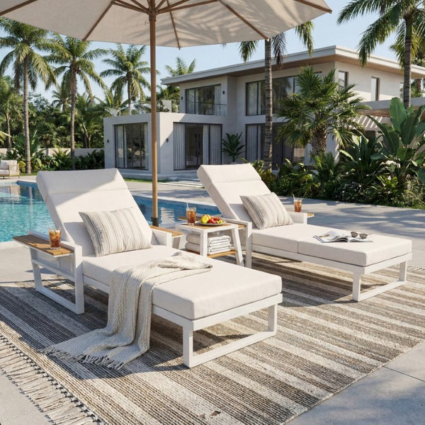 English Elm White Iron Teak Accent Outdoor Chaise Lounge with Cushion Poolside Patio Resort Style Cream 4-Fold with Built-In Headrest N770P452186W_N770P285267C