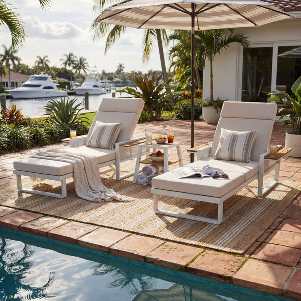 English Elm White Iron Teak Accent Outdoor Chaise Lounge with Cushion Poolside Patio Resort Style Cream 4-Fold with Built-In Headrest N770P452186W_N770P285267C