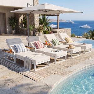 English Elm White Iron Teak Accent Outdoor Chaise Lounge with Cushion Poolside Patio Resort Style Cream 4-Fold with Built-In Headrest N770P452186W_N770P285267C