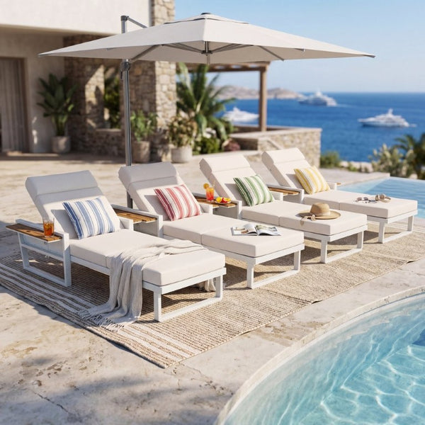 English Elm White Iron Teak Accent Outdoor Chaise Lounge with Cushion Poolside Patio Resort Style Cream 4-Fold with Built-In Headrest N770P452186W_N770P285267C