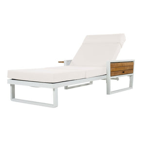 English Elm White Iron Teak Accent Outdoor Chaise Lounge with Cushion Poolside Patio Resort Style Cream 4-Fold with Built-In Headrest N770P452186W_N770P285267C