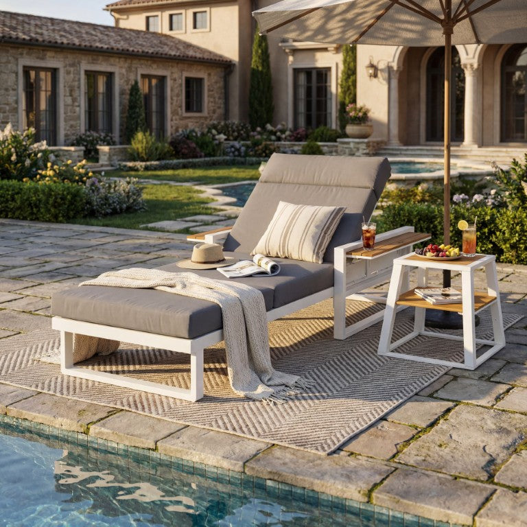 English Elm White Iron Outdoor Chaise Lounge with Acacia Armrests and Adjustable Backrest for Patio N770P452186W_N770P285267G