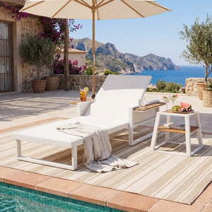 English Elm White Iron and Teak Acacia Outdoor Chaise Set with Mesh Recliner for Poolside Patios N770P452186W_N770P452719W
