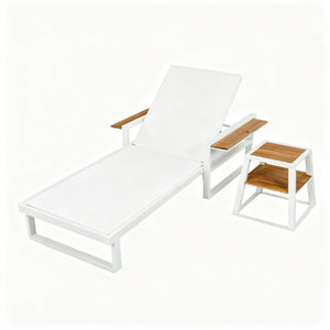 English Elm White Iron and Teak Acacia Outdoor Chaise Set with Mesh Recliner for Poolside Patios N770P452186W_N770P452719W