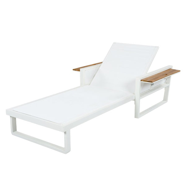 English Elm White Iron and Teak Acacia Outdoor Chaise Set with Mesh Recliner for Poolside Patios N770P452186W_N770P452719W