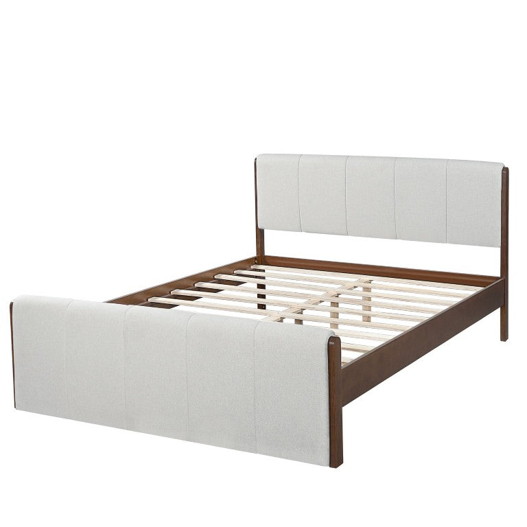 English Elm Queen Upholstered Bed Frame Walnut Trim Grey Fabric Paneled Headboard No Box Spring N770P452210L