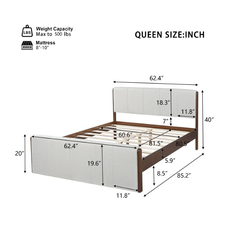 English Elm Queen Upholstered Bed Frame Walnut Trim Grey Fabric Paneled Headboard No Box Spring N770P452210L