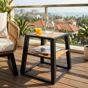 English Elm Outdoor Acacia Wood Two Tier Side Table with Iron Frame for Patio or Balcony Black N770P452719B