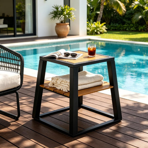 English Elm Outdoor Acacia Wood Two Tier Side Table with Iron Frame for Patio or Balcony Black N770P452719B