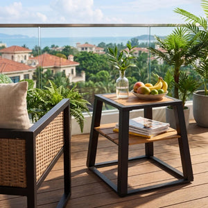 English Elm Outdoor Acacia Wood Two Tier Side Table with Iron Frame for Patio or Balcony Black N770P452719B