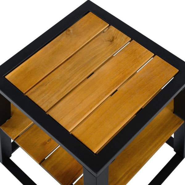 English Elm Outdoor Acacia Wood Two Tier Side Table with Iron Frame for Patio or Balcony Black N770P452719B