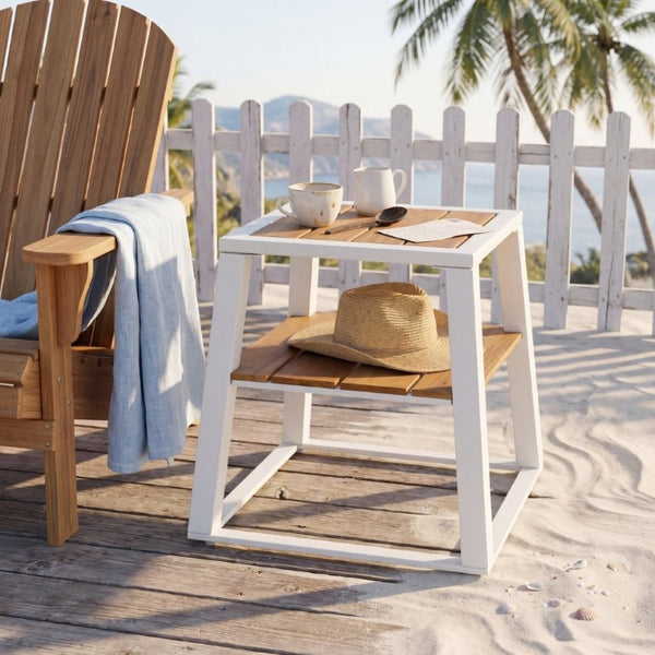 English Elm Outdoor Acacia Wood Two Tier Side Table with Iron Frame for Patio or Balcony White N770P452719W