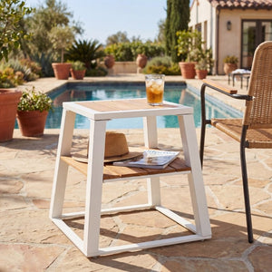 English Elm Outdoor Acacia Wood Two Tier Side Table with Iron Frame for Patio or Balcony White N770P452719W