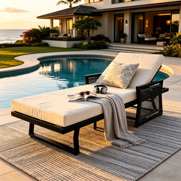English Elm White Iron Patio Chaise Lounge with Woven Rope Armrests and Reclining Slatted Frame Black Frame, Cream Cushion N770P452938B_65429.00CUSH