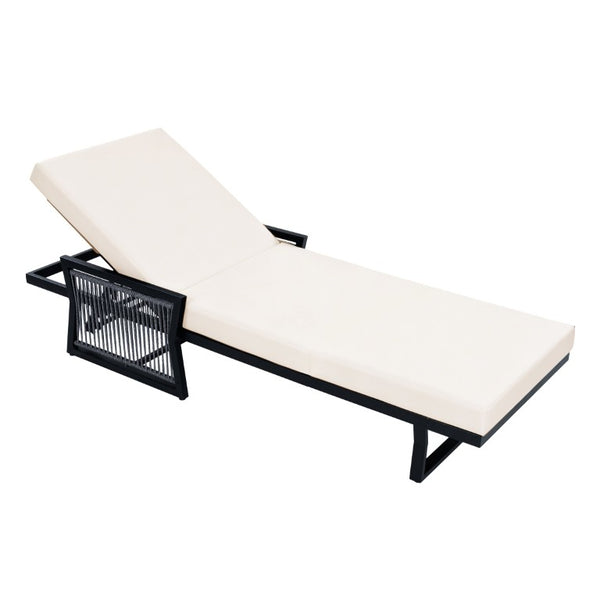 English Elm White Iron Patio Chaise Lounge with Woven Rope Armrests and Reclining Slatted Frame Black Frame, Cream Cushion N770P452938B_65429.00CUSH