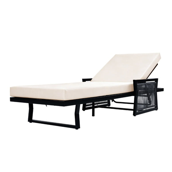 English Elm White Iron Patio Chaise Lounge with Woven Rope Armrests and Reclining Slatted Frame Black Frame, Cream Cushion N770P452938B_65429.00CUSH