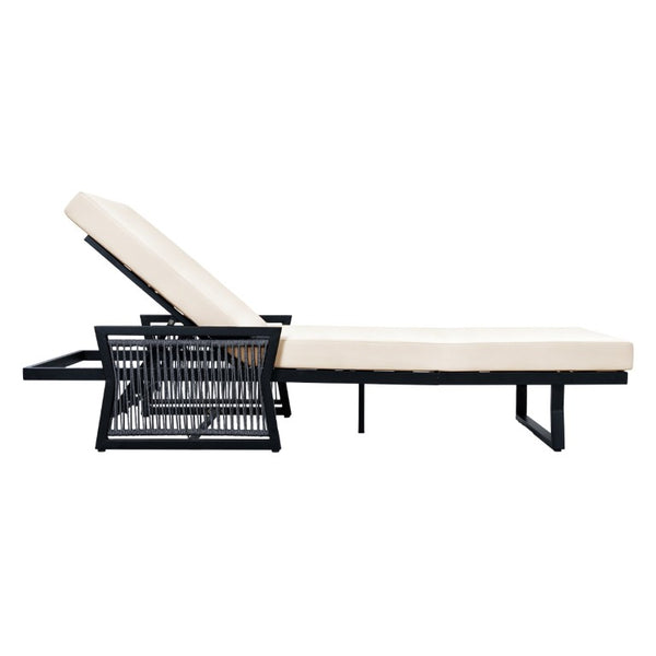 English Elm White Iron Patio Chaise Lounge with Woven Rope Armrests and Reclining Slatted Frame Black Frame, Cream Cushion N770P452938B_65429.00CUSH