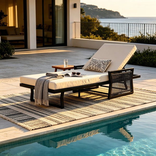 English Elm White Iron Patio Chaise Lounge with Woven Rope Armrests and Reclining Slatted Frame Black Frame, Cream Cushion N770P452938B_65429.00CUSH