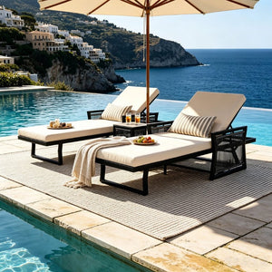 English Elm White Iron Patio Chaise Lounge with Woven Rope Armrests and Reclining Slatted Frame Black Frame, Cream Cushion N770P452938B_65429.00CUSH