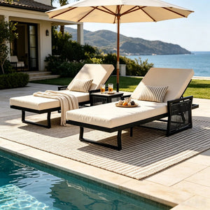 English Elm White Iron Patio Chaise Lounge with Woven Rope Armrests and Reclining Slatted Frame Black Frame, Cream Cushion N770P452938B_65429.00CUSH