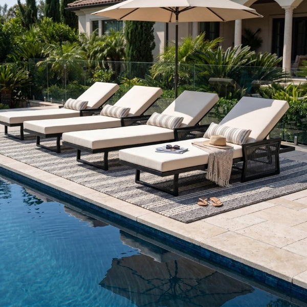 English Elm White Iron Patio Chaise Lounge with Woven Rope Armrests and Reclining Slatted Frame Black Frame, Cream Cushion N770P452938B_65429.00CUSH