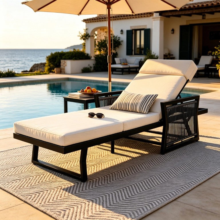 English Elm Black Iron Outdoor Chaise Lounge with Woven Rope Arms and 5-Position Reclining Base Cream 4-Fold with Headrest N770P452938B_N770P285267C