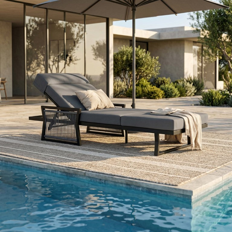 English Elm Black Iron Rope Weave Outdoor Chaise Lounge with Reclining Backrest and Thick Foam Cushion N770P452938B_N770P285267G