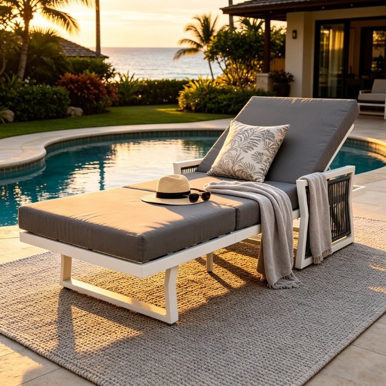 English Elm Black Powder Coated Iron Patio Chaise with Woven Rope Arms and Reclining Back White 3-Fold Dark Grey Cushion N770P452938W_N770P208326G