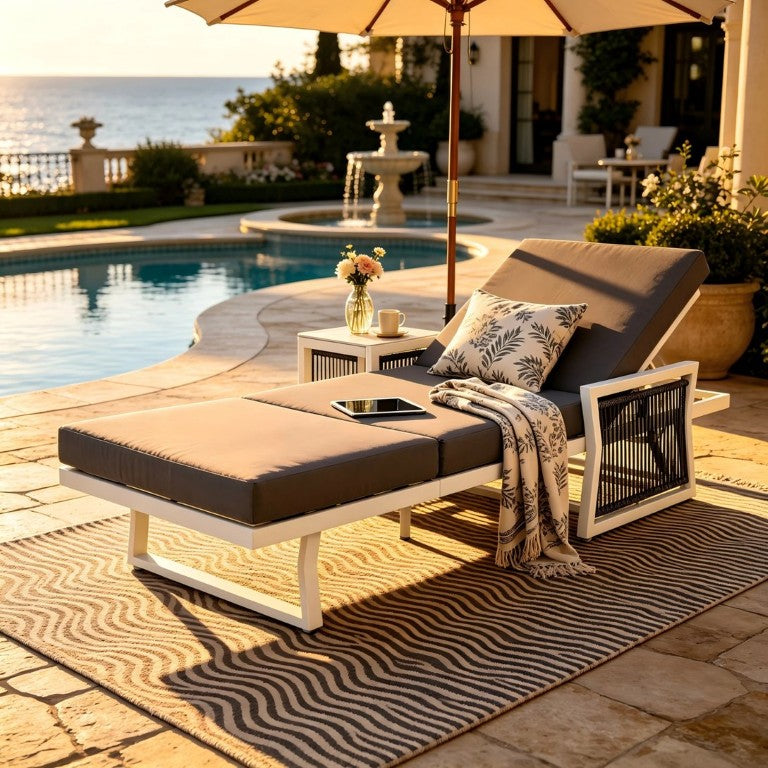 English Elm Black Powder Coated Iron Patio Chaise with Woven Rope Arms and Reclining Back White 3-Fold Dark Grey Cushion N770P452938W_N770P208326G