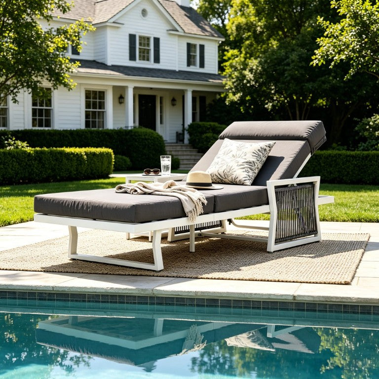 English Elm White Iron Patio Chaise Lounge with Woven Rope Armrests and Reclining Slatted Frame White Frame, Dark Grey Cushion N770P452938W_N770P285267G