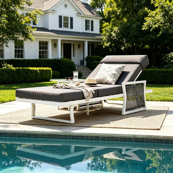 English Elm White Iron Patio Chaise Lounge with Woven Rope Armrests and Reclining Slatted Frame White Frame, Dark Grey Cushion N770P452938W_N770P285267G