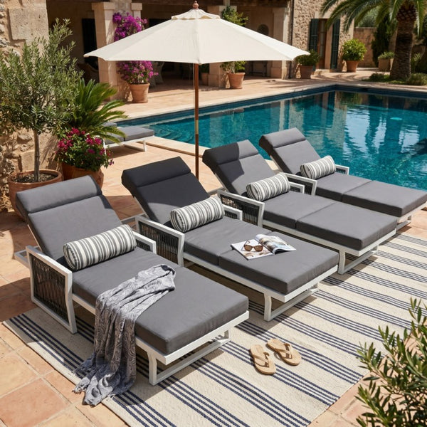 English Elm White Iron Patio Chaise Lounge with Woven Rope Armrests and Reclining Slatted Frame White Frame, Dark Grey Cushion N770P452938W_N770P285267G