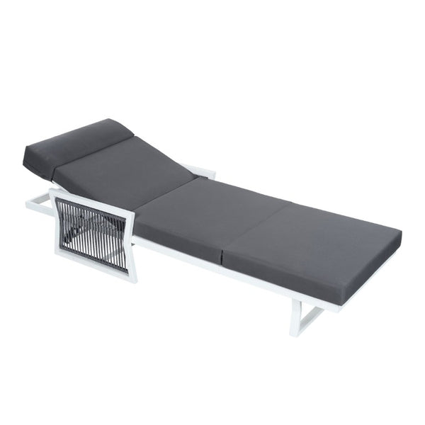 English Elm White Iron Patio Chaise Lounge with Woven Rope Armrests and Reclining Slatted Frame White Frame, Dark Grey Cushion N770P452938W_N770P285267G