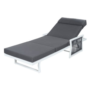 English Elm White Iron Patio Chaise Lounge with Woven Rope Armrests and Reclining Slatted Frame White Frame, Dark Grey Cushion N770P452938W_N770P285267G