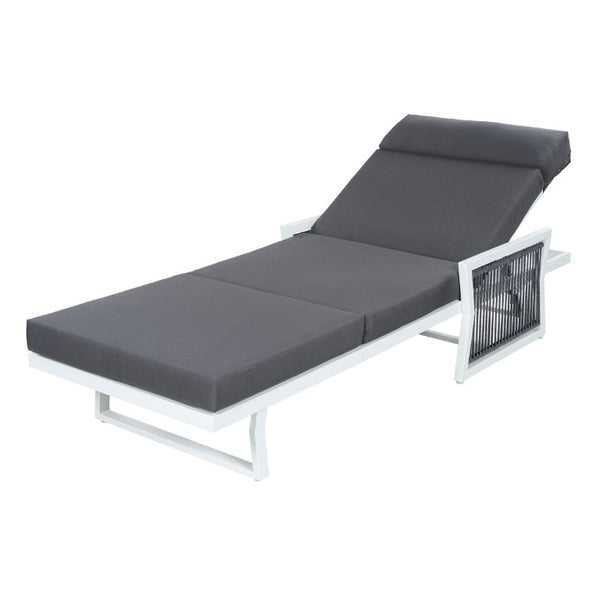 English Elm White Iron Patio Chaise Lounge with Woven Rope Armrests and Reclining Slatted Frame White Frame, Dark Grey Cushion N770P452938W_N770P285267G