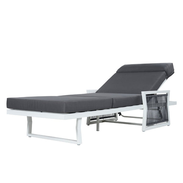 English Elm White Iron Patio Chaise Lounge with Woven Rope Armrests and Reclining Slatted Frame White Frame, Dark Grey Cushion N770P452938W_N770P285267G