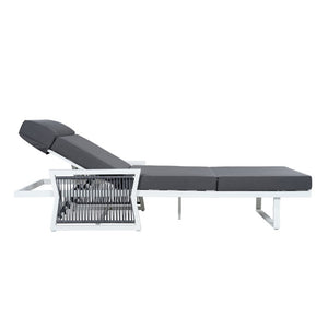 English Elm White Iron Patio Chaise Lounge with Woven Rope Armrests and Reclining Slatted Frame White Frame, Dark Grey Cushion N770P452938W_N770P285267G