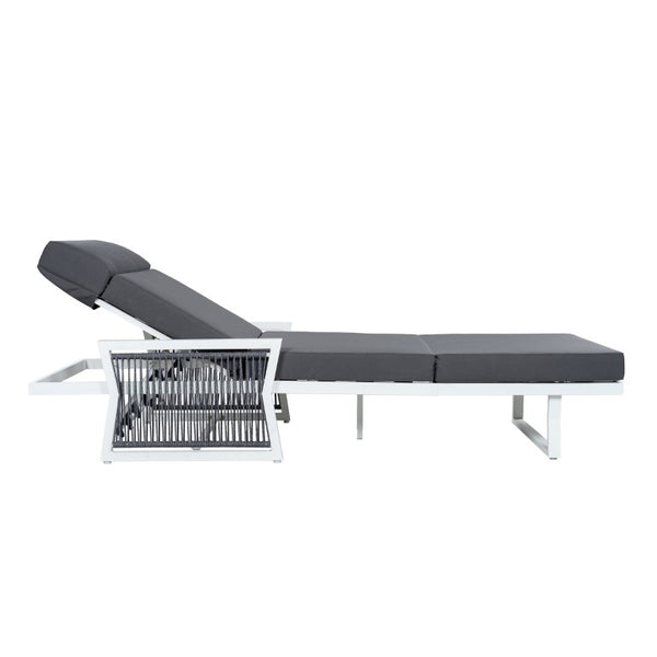 English Elm White Iron Patio Chaise Lounge with Woven Rope Armrests and Reclining Slatted Frame White Frame, Dark Grey Cushion N770P452938W_N770P285267G