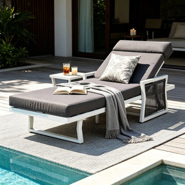 English Elm White Iron Patio Chaise Lounge with Woven Rope Armrests and Reclining Slatted Frame White Frame, Dark Grey Cushion N770P452938W_N770P285267G