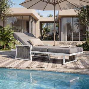 English Elm White Iron Patio Chaise Lounge with Woven Rope Armrests and Reclining Slatted Frame White Frame, Dark Grey Cushion N770P452938W_N770P285267G