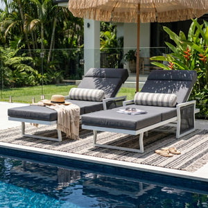 English Elm White Iron Patio Chaise Lounge with Woven Rope Armrests and Reclining Slatted Frame White Frame, Dark Grey Cushion N770P452938W_N770P285267G