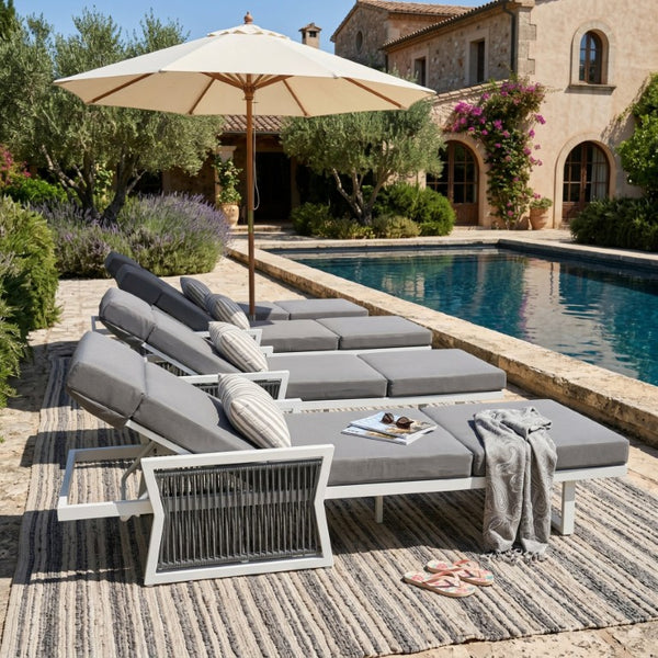 English Elm White Iron Patio Chaise Lounge with Woven Rope Armrests and Reclining Slatted Frame White Frame, Dark Grey Cushion N770P452938W_N770P285267G