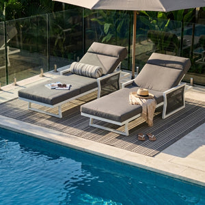 English Elm White Iron Patio Chaise Lounge with Woven Rope Armrests and Reclining Slatted Frame White Frame, Dark Grey Cushion N770P452938W_N770P285267G