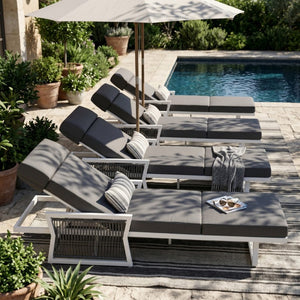 English Elm White Iron Patio Chaise Lounge with Woven Rope Armrests and Reclining Slatted Frame White Frame, Dark Grey Cushion N770P452938W_N770P285267G