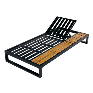 English Elm Black Iron Acacia Wood Outdoor Chaise Lounge with 5 Reclining Positions for Patio Use N770P453069B