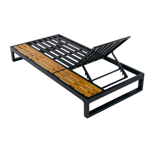 English Elm Black Iron Acacia Wood Outdoor Chaise Lounge with 5 Reclining Positions for Patio Use N770P453069B