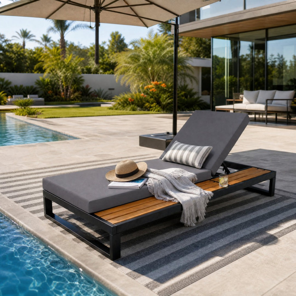 English Elm Black Iron Outdoor Chaise Lounge with Acacia Wood Accents and 5 Position Adjustable Backrest N770P453069B_65429.00CUSHDGRY