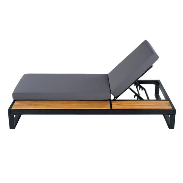 English Elm Black Iron Outdoor Chaise Lounge with Acacia Wood Accents and 5 Position Adjustable Backrest N770P453069B_65429.00CUSHDGRY
