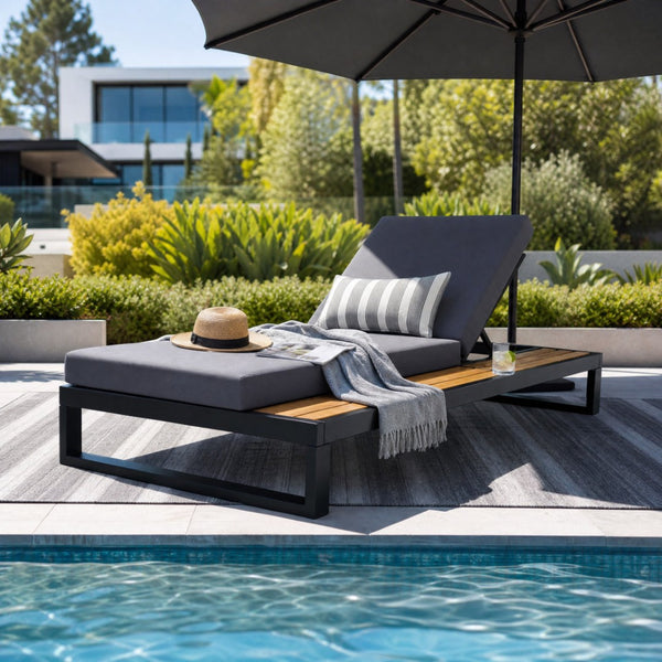 English Elm Black Iron Outdoor Chaise Lounge with Acacia Wood Accents and 5 Position Adjustable Backrest N770P453069B_65429.00CUSHDGRY